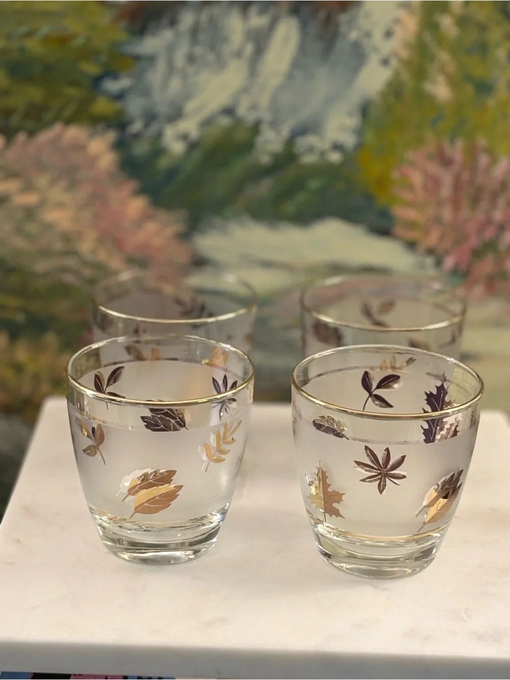 Vintage Libbey Frosted Golden Leaf “Golden Foliage” 22k gold leaf set of 4 🍁🍂